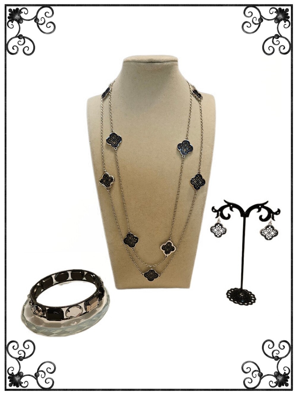 Charming Charlie Black & Silver Tone Filigree Clover Charm Necklace Set